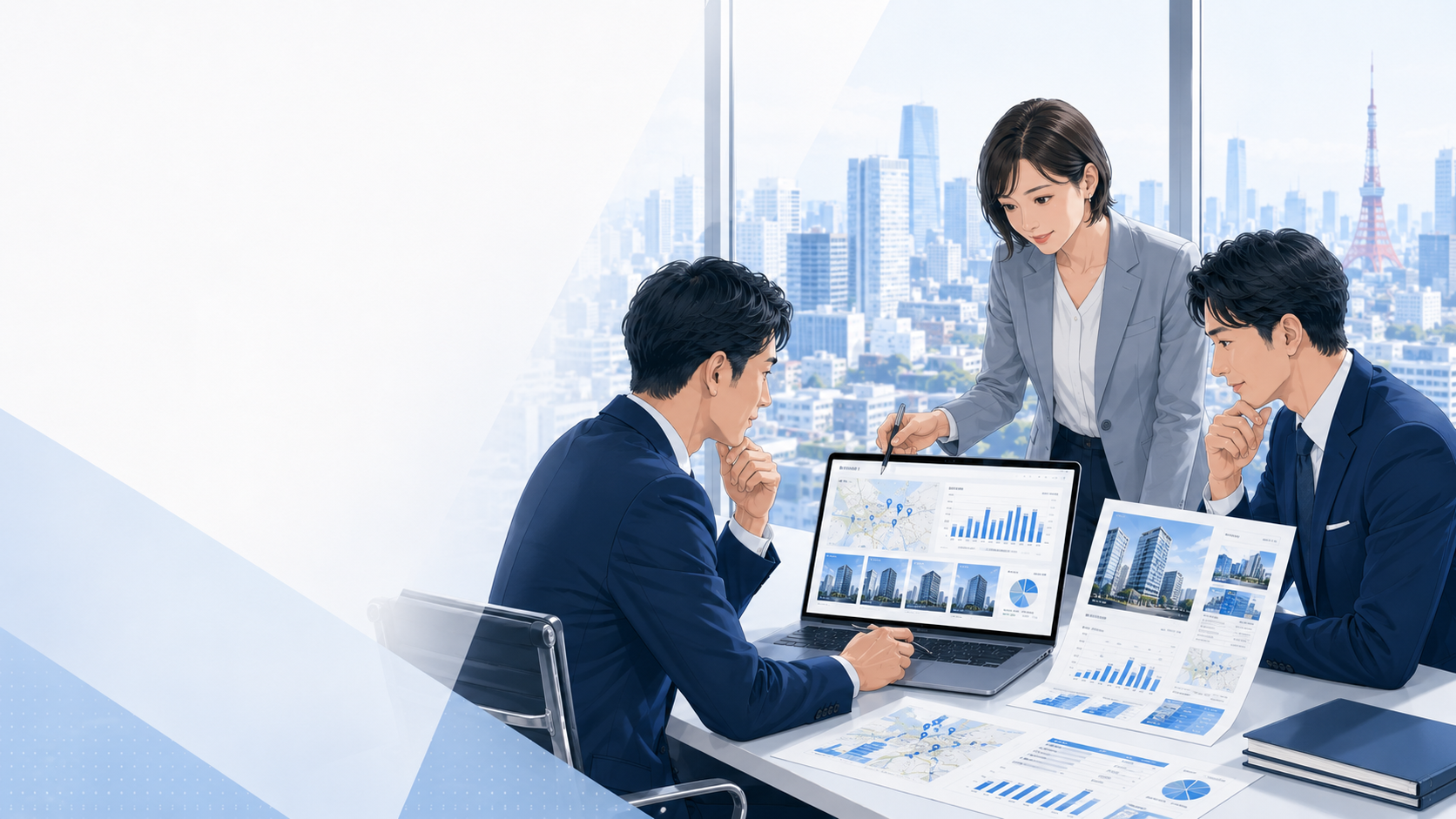 都心オフィスで不動産会社の担当者がダッシュボードとレポートを見ながら市場分析を行うイメージ